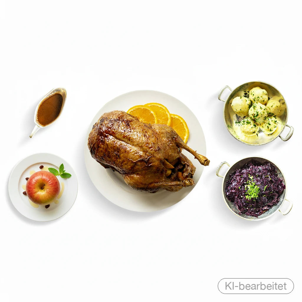 KI-bearbeitetes Symbolbild: Ganze gebratene Ente mit Orangenscheiben, dazu Klöße, Rotkohl, Bratapfel und Orangen-Jus, von oben