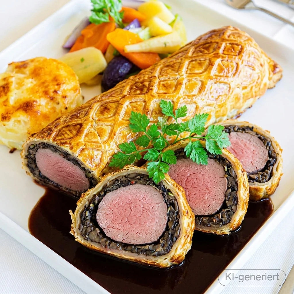 KI-generiertes Symbolbild: Reh Wellington für 4 Personen, angeschnitten, mit rosa Kern, Blätterteigkruste, Wintergemüse und Jus